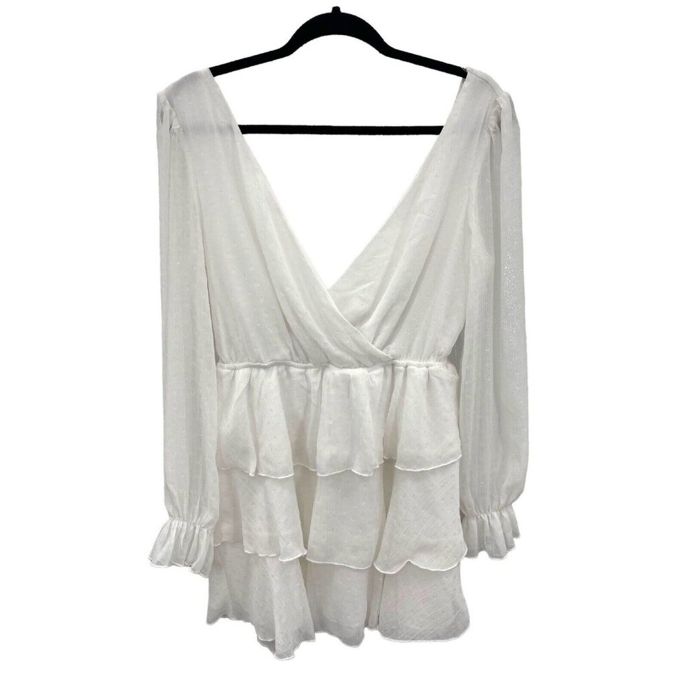 Tiered Ruffle White Mini‎ Dress Womens Large V Neck Romantic Feminine Tie Back